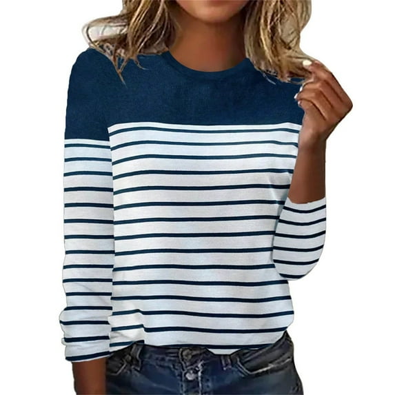 Long Sleeve Shirts For Women Autumn And Winter New Stripe Two Color Printed Spliced Round Neck Top T Shirt Womens Long Sleeve Tops