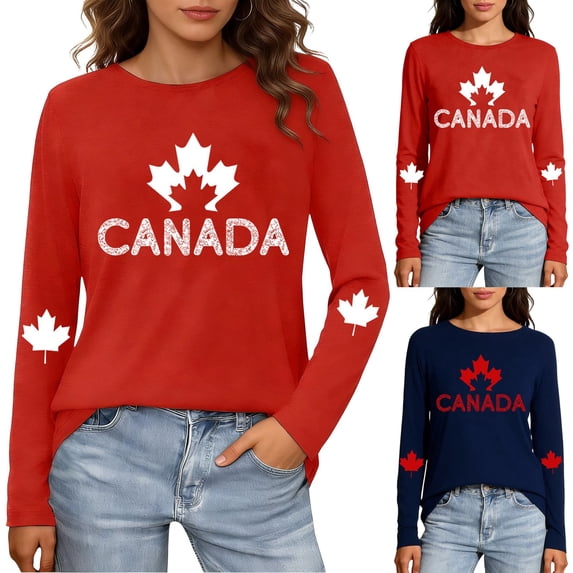 Long Sleeve Shirts For Women Canada Day Graphic T Shirt Casual Round Neck Top Fashion Trendy Clothes