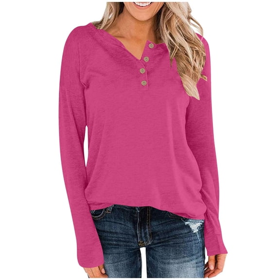 Long Sleeve Shirts For Women Casual Casual Button V Neck Tee Shirt Loose Side Split Blouse Tunic Fall Basic Blouses Vacation Clothes Hot Pink S