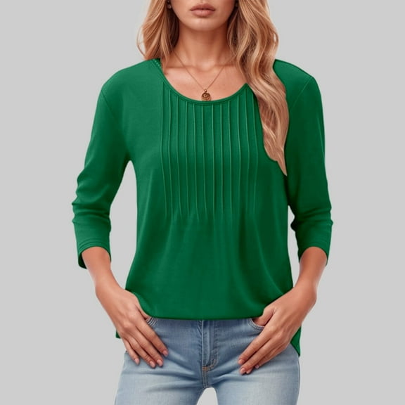 Long Sleeve Shirts For Women Casual Loose Fit Casual Fashion Crew Neck Tunic Tops Classic Solid Color Fall Basic Work Tee Vacation Clothes Green L