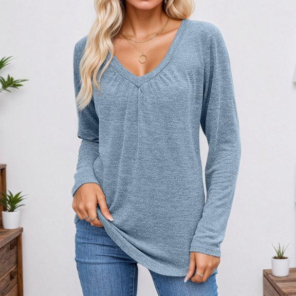 Long Sleeve Shirts For Women Casual Loose Solid Color Casual V Neck T Shirt Comfortable Fall Basic Work Tee Vacation Clothes Light Blue XL