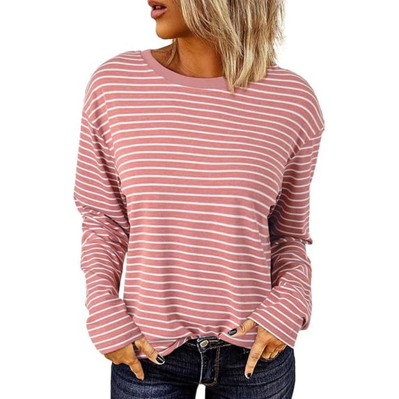 Long Sleeve Shirts For Women Casual Striped Tops Crew Neck Knit Ribbed Basic T Shirts Womens Long Sleeve Tops