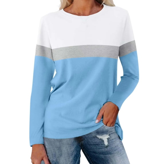 Long Sleeve Shirts For Women Color Block Tunic Tops Casual Shirts Round Neck Pullover Womens Long Sleeve Tops