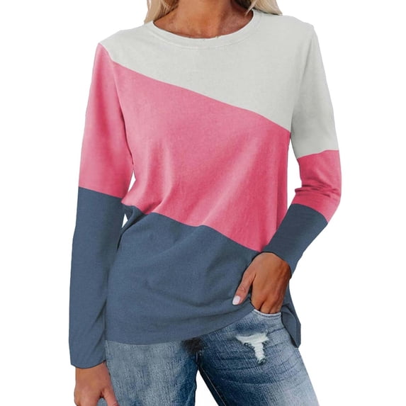 Long Sleeve Shirts For Women Color Block Tunic Tops Casual Shirts Round Neck Pullover Womens Long Sleeve Tops
