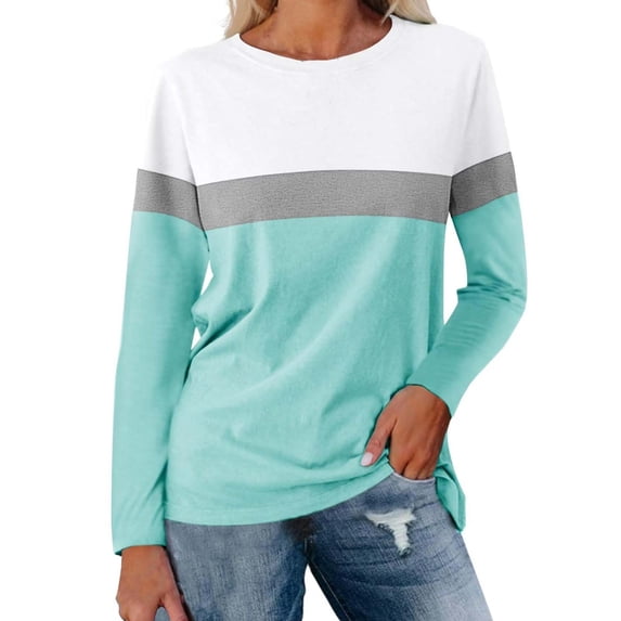 Long Sleeve Shirts For Women Color Block Tunic Tops Casual Shirts Round Neck Pullover Womens Long Sleeve Tops