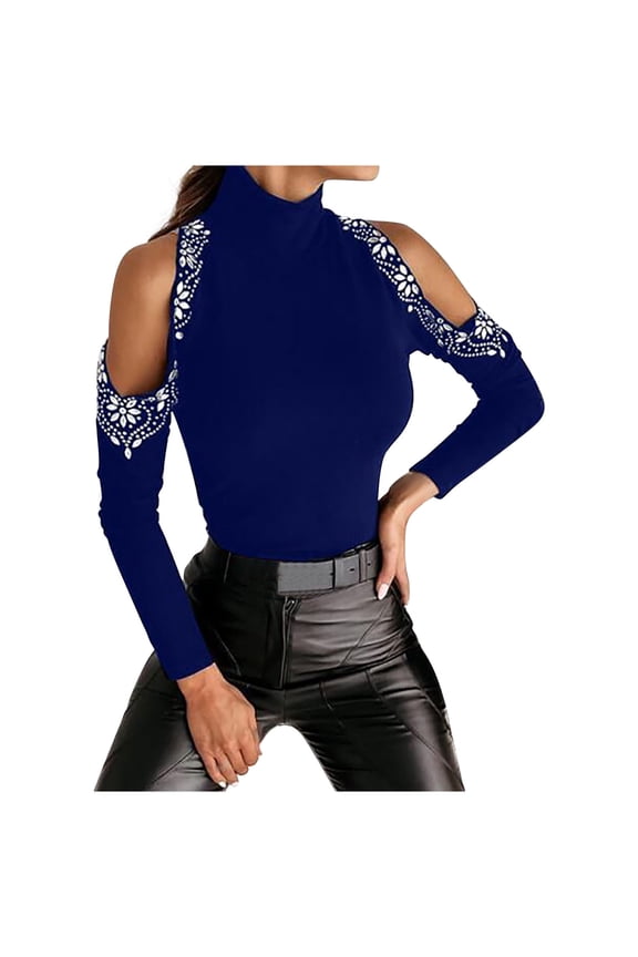 Long Sleeve Shirts For Women Color Long Sleeve Blouse Tee Women Solid Turtleneck Rhinestone T-Shirt Tops,Blue,Medium