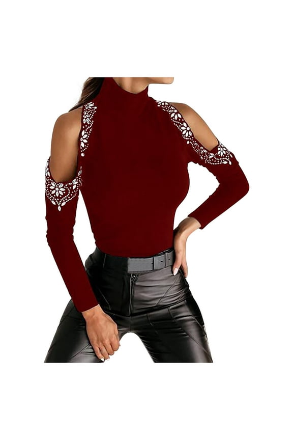 Long Sleeve Shirts For Women Color Long Sleeve Blouse Tee Women Solid Turtleneck Rhinestone T-Shirt Tops,Red,Small