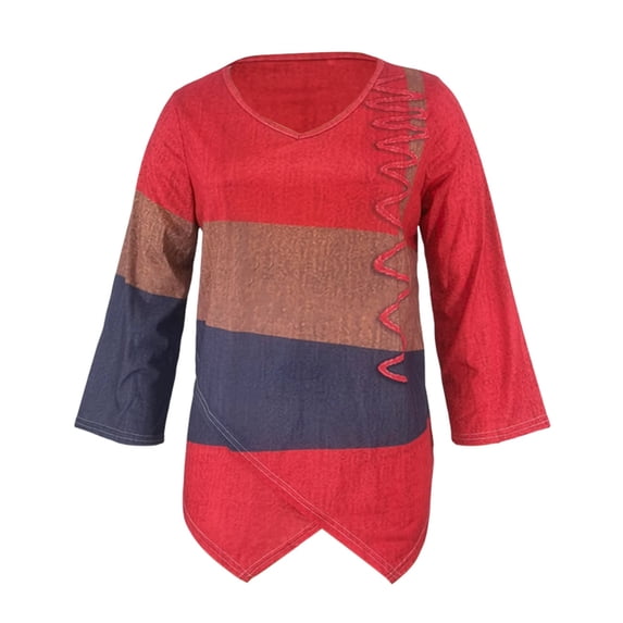 Long Sleeve Shirts For Women Cotton Linen New Casual Loose V Neck Irregular Hem Art Print Vintage Top Womens Long Sleeve Tops