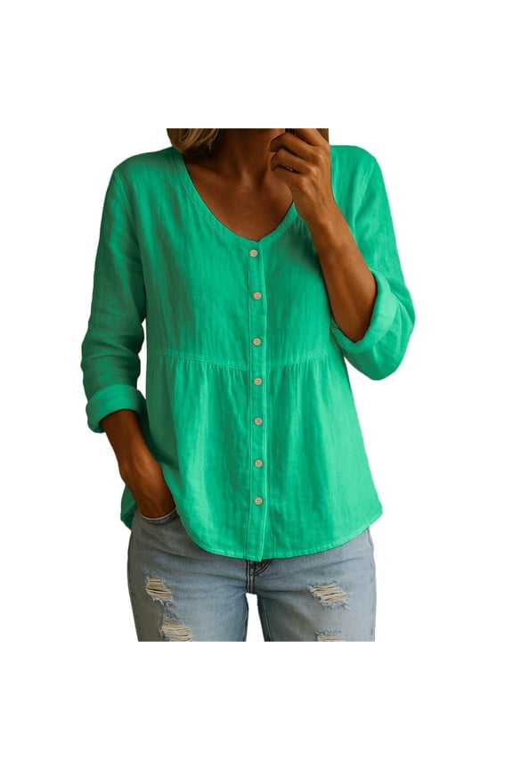 Long Sleeve Shirts For Women Cotton Linen Shirt Tops Casual Crew Neck Button Down Tee Shirt Blouses Womens Long Sleeve Tops