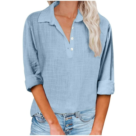 Long Sleeve Shirts For Women Cotton Linen Shirts For Trendy Button Up Fall Tops Casual Vacation Lapel V Neck Blouse Tshirt Womens Long Sleeve Tops