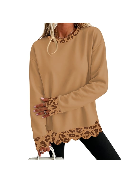 Long Sleeve Shirts For Women Crew Neck Leopard Print Layered Scalloped Sweatshirt Trendy Cheetah Scalloped Wavy Hem Print Fake Two-Piece Tops
