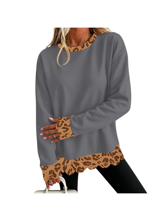 Long Sleeve Shirts For Women Crew Neck Leopard Print Layered Scalloped Sweatshirt Trendy Cheetah Scalloped Wavy Hem Print Fake Two-Piece Tops