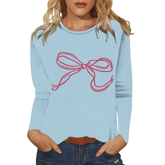 Long Sleeve Shirts For Women Cute Bow Pattern Top Spring Bow Print Womens Long Sleeve Tops