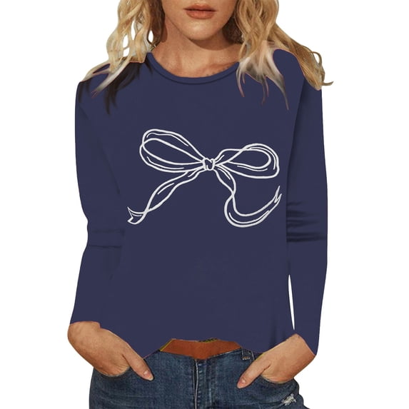 Long Sleeve Shirts For Women Cute Bow Pattern Top Spring Bow Print Womens Long Sleeve Tops