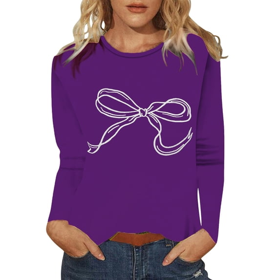 Long Sleeve Shirts For Women Cute Bow Pattern Top Spring Bow Print Womens Long Sleeve Tops
