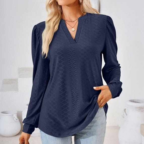 Long Sleeve Shirts For Women Dressy Casual Loose Work Tops Fall Summer Shirt Button Down Crewneck Tops Trendy Plus Size Navy L