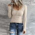 thumbnail image 1 of Long Sleeve Shirts For Women Henley T Button Down Slim Fit Tops Scoop Neck Ribbed Knit Womens Summer Beige, 1 of 7
