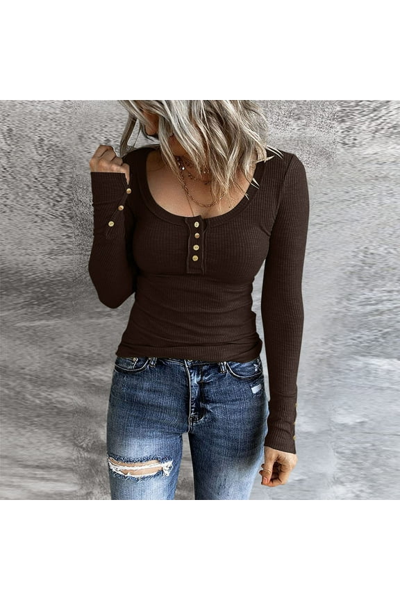 Long Sleeve Shirts for Women Henley T Button Down Slim Fit Tops Scoop Neck Ribbed Knit Womens Summer Brown