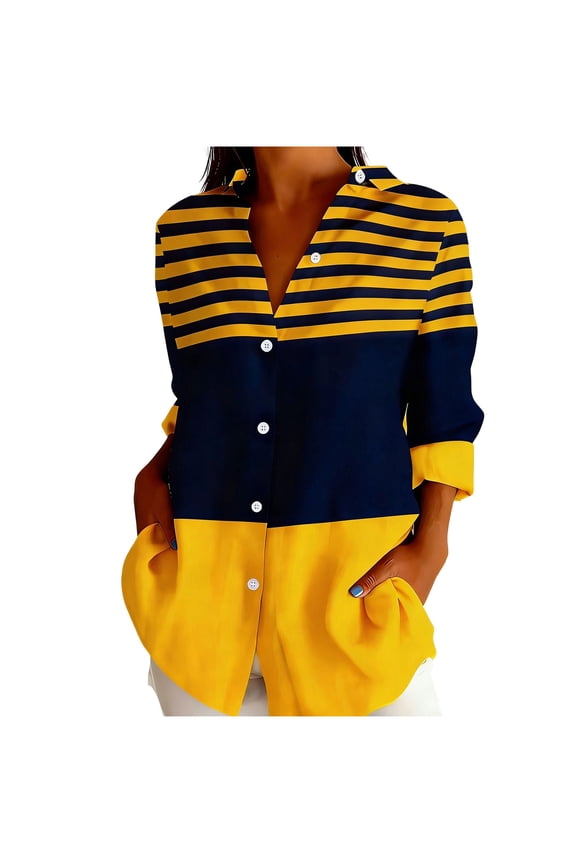 Long Sleeve Shirts For Women Lapel Button Down Print Tunic Blouse Casual Comfy Stylish Clothes Loose Fit (XXL, Yellow)