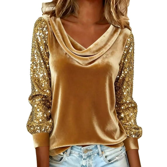 Long Sleeve Shirts For Women Long Sleeve Sequin Glitter Sparkly Velvet Top Soft Fabric Evening Blouse 1Pc Xl Womens Tops