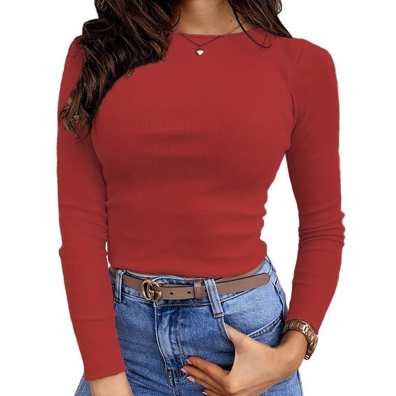 Long Sleeve Shirts For Women Loose Crew Neck Solid Color T Shirt Tunic Breathable Fall Basic Blouses Vacation Clothes Red XL