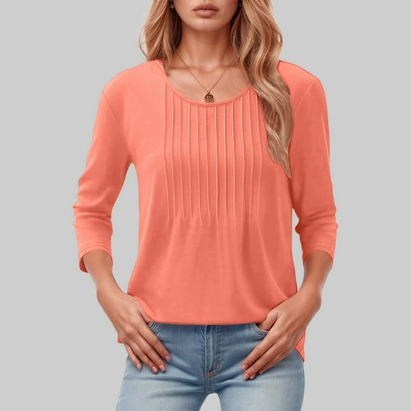 Long Sleeve Shirts For Women Loose Fit Casual Fashion Crew Neck Tunic Tops Classic Solid Color Fall Basic Blouses Vacation Clothes Orange XXL