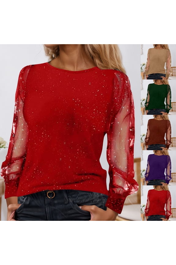 Long Sleeve Shirts For Women Loose Fit Casual Top Sheer Mesh Yoke Round Neck For Comfort Casual Tee Tops