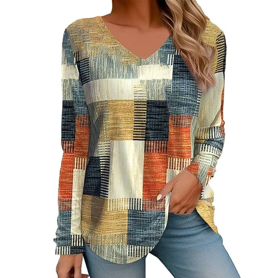Long Sleeve Shirts For Women Loose V Neck Splicing T Shirt Top Womens Long Sleeve Tops