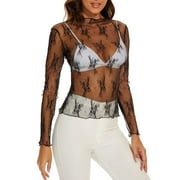 Long Sleeve Shirts For Women Mesh Layering Top For Mock Neck Floral Embroidery Sheer See Through Tee Shirt Blouse Crew Neck Womens Blouses