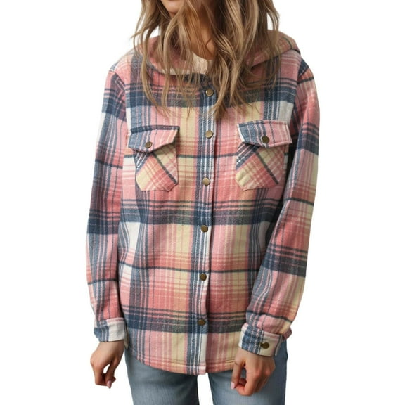 Long Sleeve Shirts For Women Plus Size Plaid Lined Hooded Jacket With Pockets Long Sleeve Cozy Fleece Outerwear For Fall Winter Season