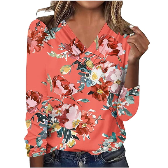 Long Sleeve Shirts For Women Print Pattern V Neck Fall Tunic Tops Button Down Decorated Blouse Casual Loose T-Shirts (S, Red)