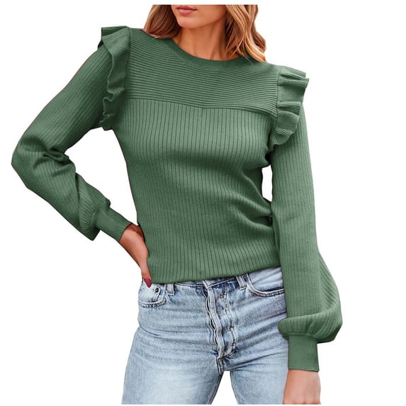 Long Sleeve Shirts For Women Ruffle Shoulder Sweaters Crew Neck Slim Fitted Fall Ribbed Knit Tops Womens Long Sleeve Tops