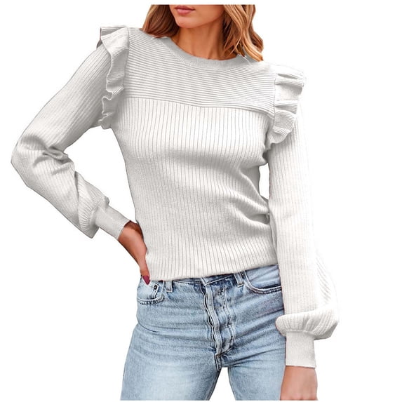 Long Sleeve Shirts For Women Ruffle Shoulder Sweaters Crew Neck Slim Fitted Fall Ribbed Knit Tops Womens Long Sleeve Tops