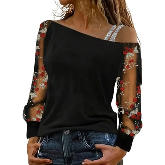 Long Sleeve Shirts For Women Slant Neck Mesh Off The Shoulder T Shirt Fashion Line Neck Base Top Womens Long Sleeve Tops