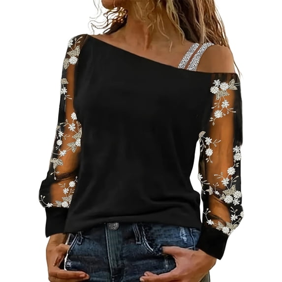 Long Sleeve Shirts For Women Slant Neck Mesh Off The Shoulder T Shirt Fashion Line Neck Base Top Womens Long Sleeve Tops