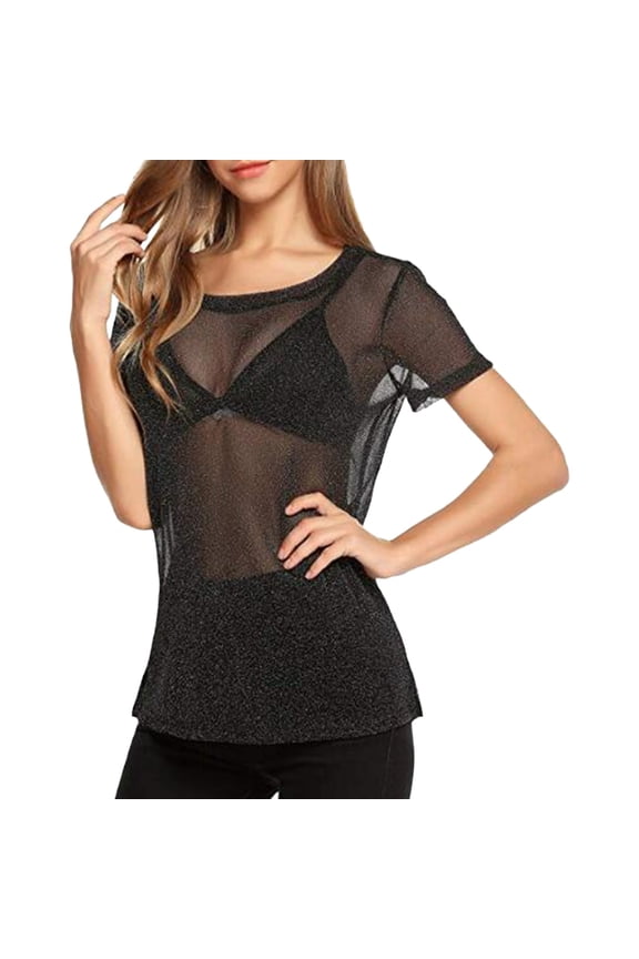 Long Sleeve Shirts For Women Solid See Through Arm Shaper Top Mesh Shirt Blouse Crew Neck Womens Tops