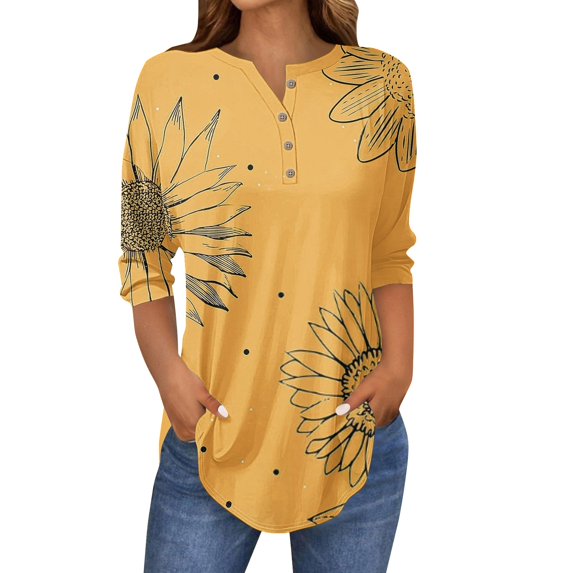 Long Sleeve Shirts For Women Spring Neck Casual Print Three Quarter Length Henley Womens Blouses