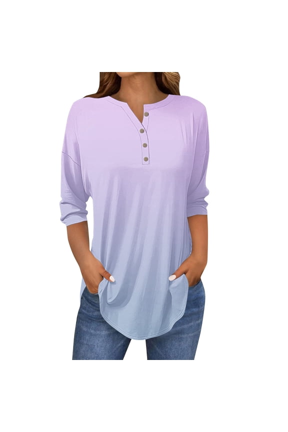 Long Sleeve Shirts For Women Summer Neck Casual Print Henley 3/4 Sleeve Womens Blouses