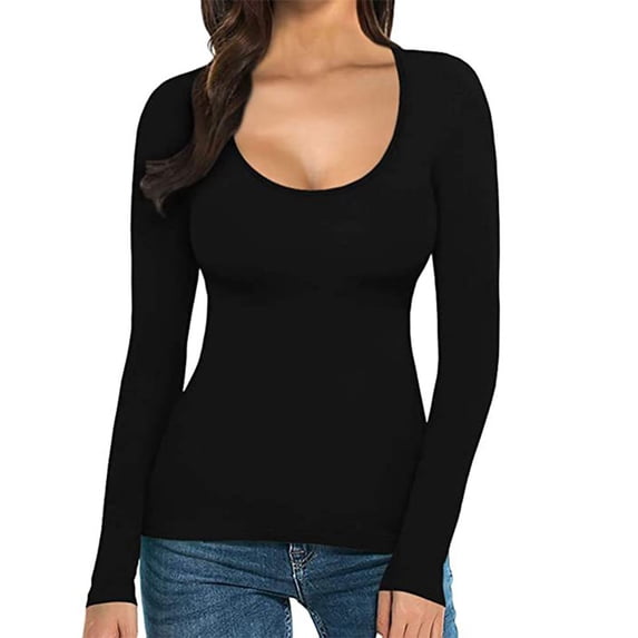 Long Sleeve Shirts For Women T Shirt Solid Color Low U Neck Slim Bottom d Top Womens Long Sleeve Tops