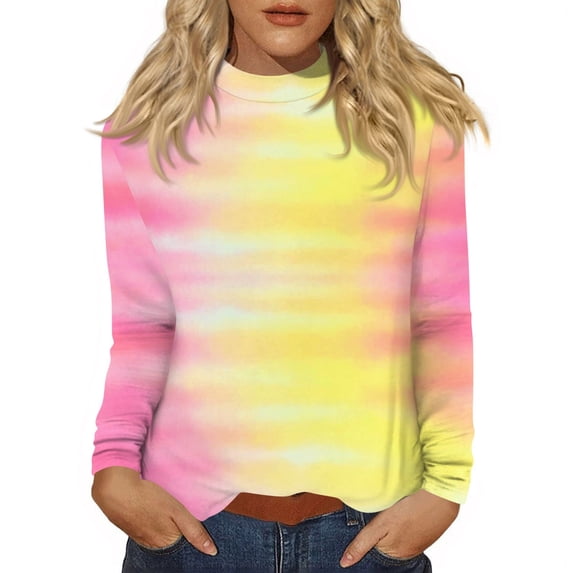 Long Sleeve Shirts For Women T-Shirts Crew Neck Daily Casual Tie Dye Shirt Basic Tee Loose Fit Lightweight Blouses Funny Tshirts Tops Yellow L