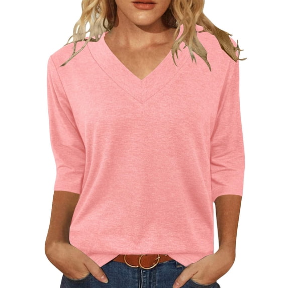 Long Sleeve Shirts For Women Tops 3/4 Length Sleeve Summer V Neck Shirts Casual Tunic Tops Womens Long Sleeve Tops