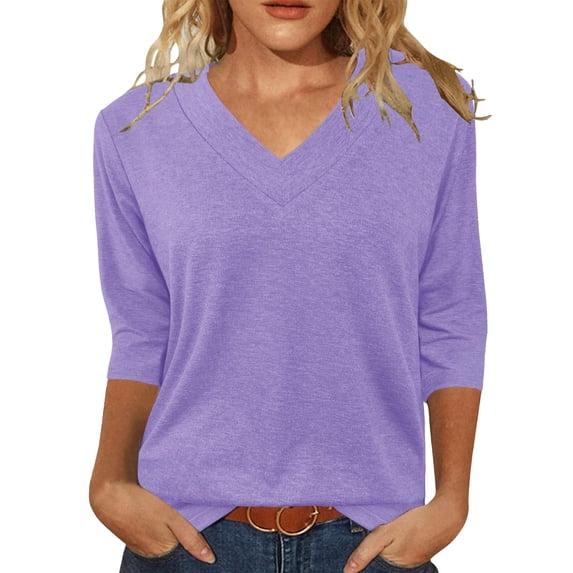 Long Sleeve Shirts For Women Tops 3/4 Length Sleeve Summer V Neck Shirts Casual Tunic Tops Womens Long Sleeve Tops