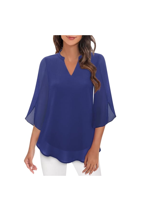 Long Sleeve Shirts For Women Tops Casual Ruffle 3/4 Sleeve V Neck Double Chiffon Blouses Tops Womens Long Sleeve Tops