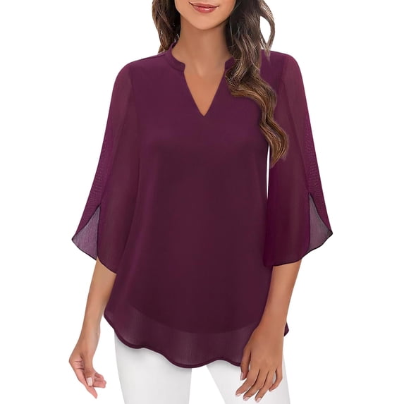 Long Sleeve Shirts For Women Tops Casual Ruffle 3/4 Sleeve V Neck Double Chiffon Blouses Tops Womens Long Sleeve Tops
