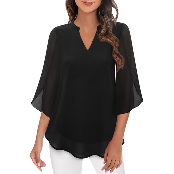 Long Sleeve Shirts For Women Tops Casual Ruffle 3/4 Sleeve V Neck Double Chiffon Blouses Tops Womens Long Sleeve Tops