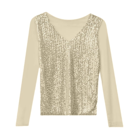 Long Sleeve Shirts For Women V Neck Double Layer Mesh Sequin Tight Fitting Top Womens Long Sleeve Tops