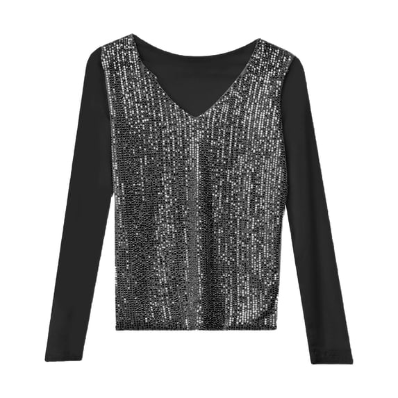 Long Sleeve Shirts For Women V Neck Double Layer Mesh Sequin Tight Fitting Top Womens Long Sleeve Tops