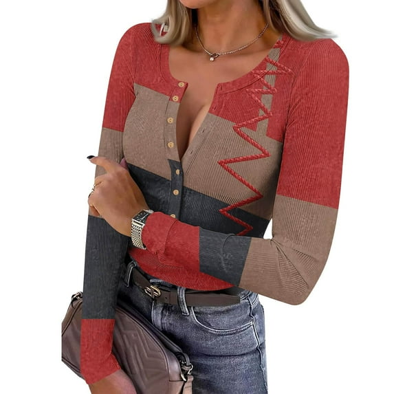 Long Sleeve Shirts For Women V Neck Henley Tops Slim Fit Basic Ribbed Knit Button Down T Shirts