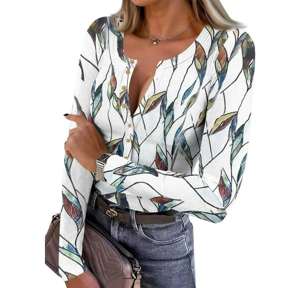 Long Sleeve Shirts For Women V Neck Henley Tops Slim Fit Basic Ribbed Knit Button Down T Shirts