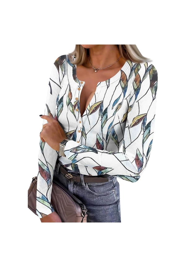 Long Sleeve Shirts For Women V Neck Henley Tops Slim Fit Basic Ribbed Knit Button Down T Shirts